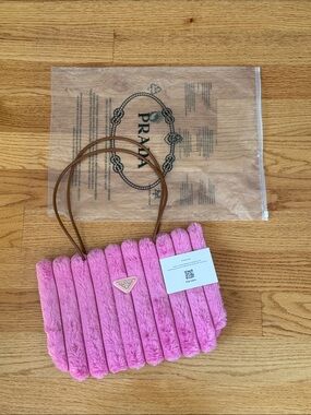 Prada Pink Faux-Fur Ribbed Tote with Brown Leather Handles